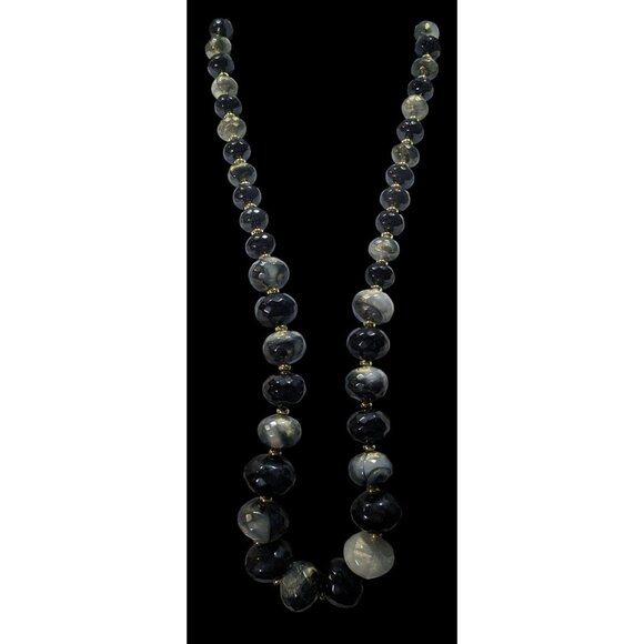 Whimsical Black And Grey Acrylic Beaded Necklace With Gold Tone Shimmer - Picture 3 of 6
